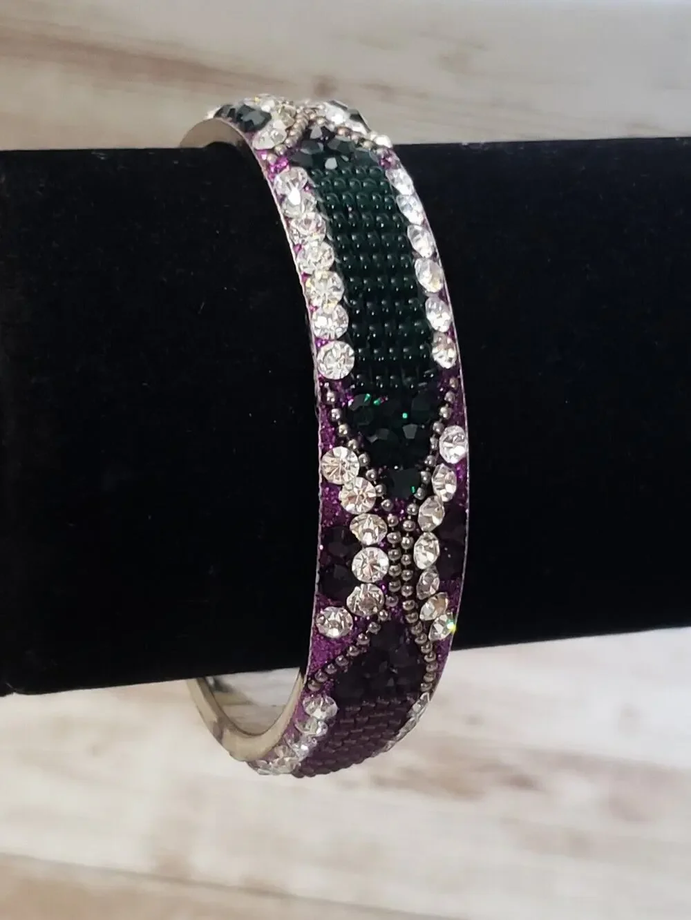 Vintage Bracelet / Bangle Purple & Green Tones with Clear Gems 7"